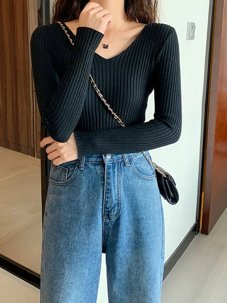 Basic V-neck Solid Knit Sweater