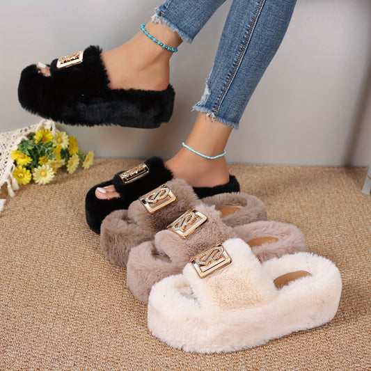 Faux Plush Slippers with Metallic Buckle  & Thick Sole