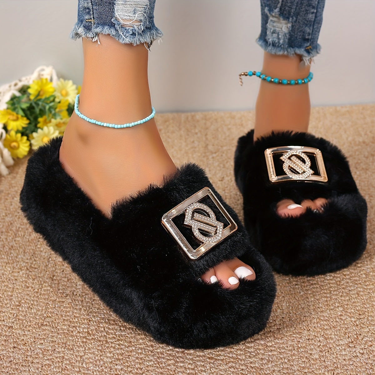 Faux Plush Slippers with Metallic Buckle  & Thick Sole
