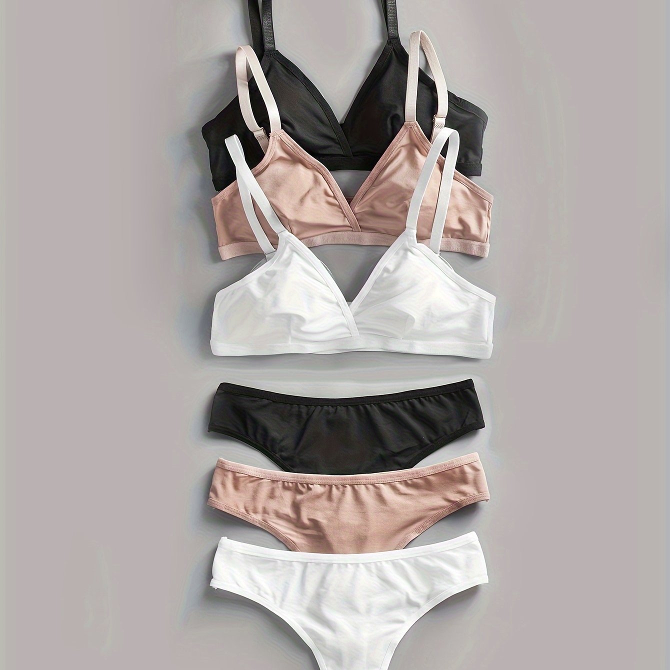 3 Sets Solid Seamless Lingerie Set, Cami Bra & Thongs