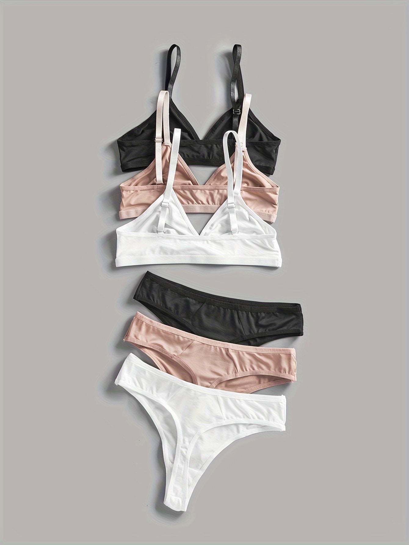 3 Sets Solid Seamless Lingerie Set, Cami Bra & Thongs