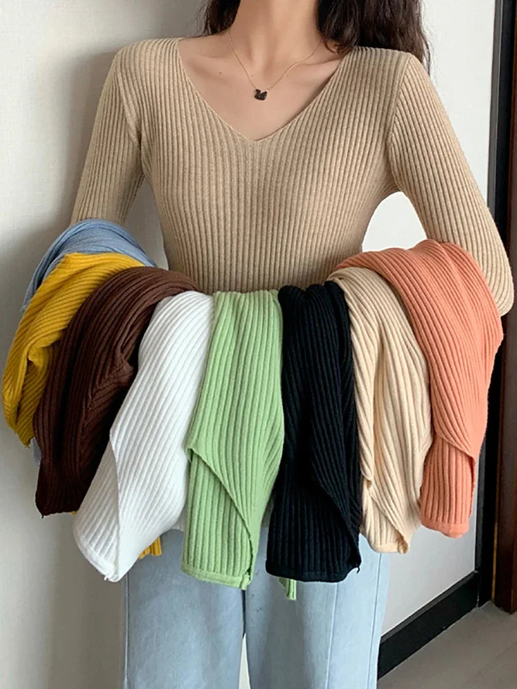 Basic V-neck Solid Knit Sweater