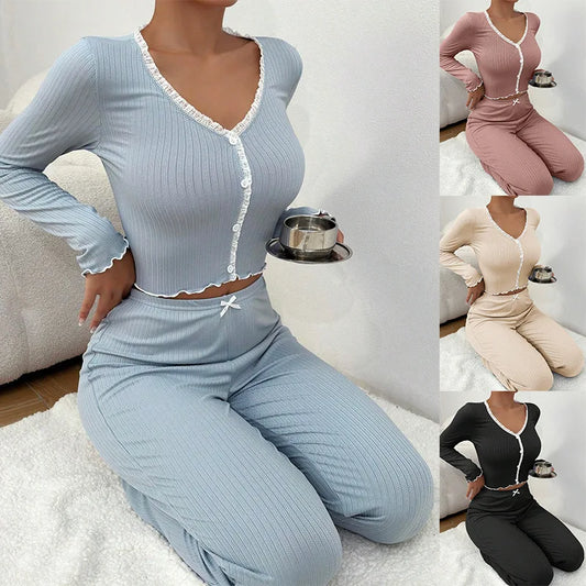 Thermal  Waffle Design Pajama Set