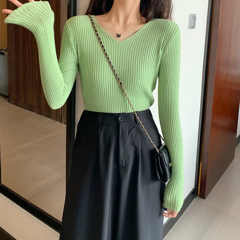 Basic V-neck Solid Knit Sweater