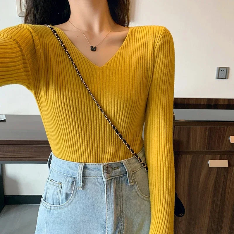 Basic V-neck Solid Knit Sweater