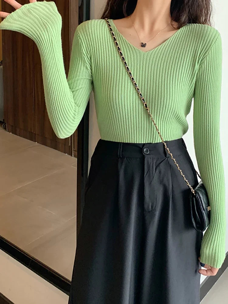 Basic V-neck Solid Knit Sweater