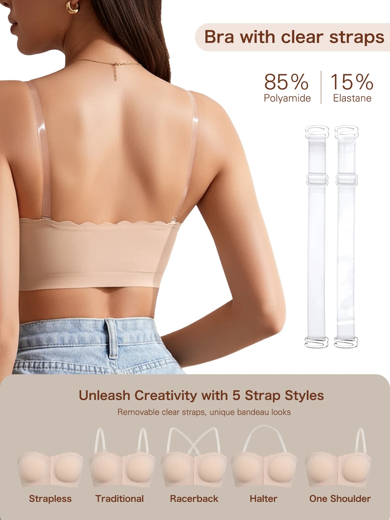 Wireless Strapless,  Bandeau Bra  S-XL(includes clear straps)