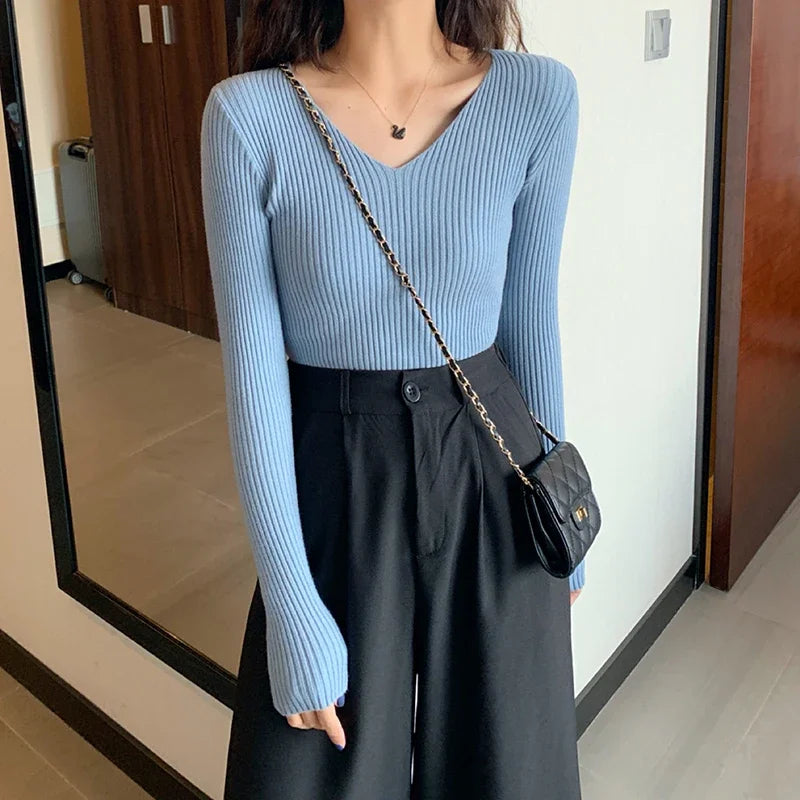 Basic V-neck Solid Knit Sweater