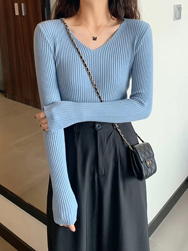 Basic V-neck Solid Knit Sweater