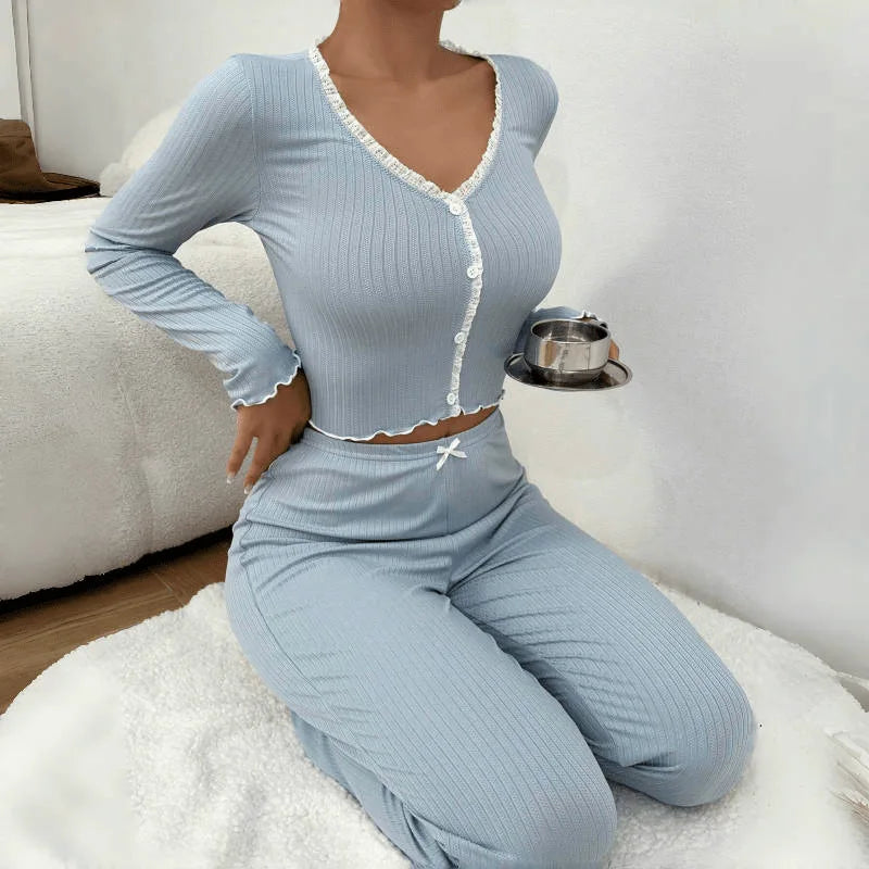 Thermal  Waffle Design Pajama Set