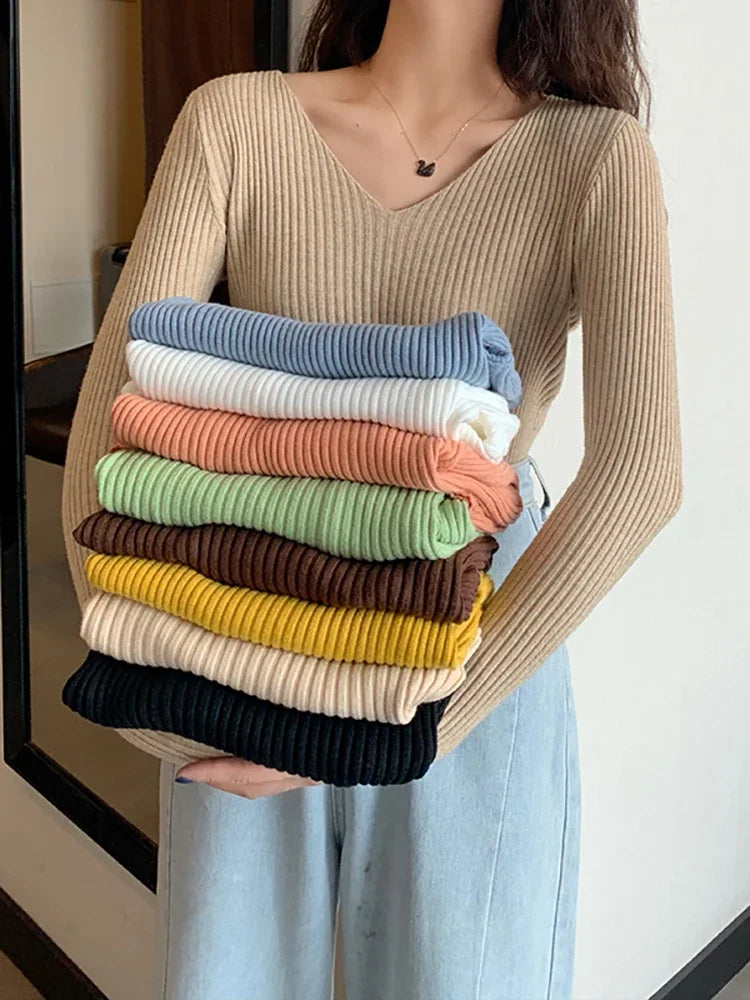 Basic V-neck Solid Knit Sweater