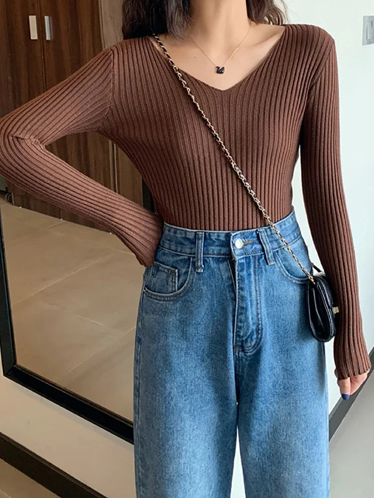 Basic V-neck Solid Knit Sweater