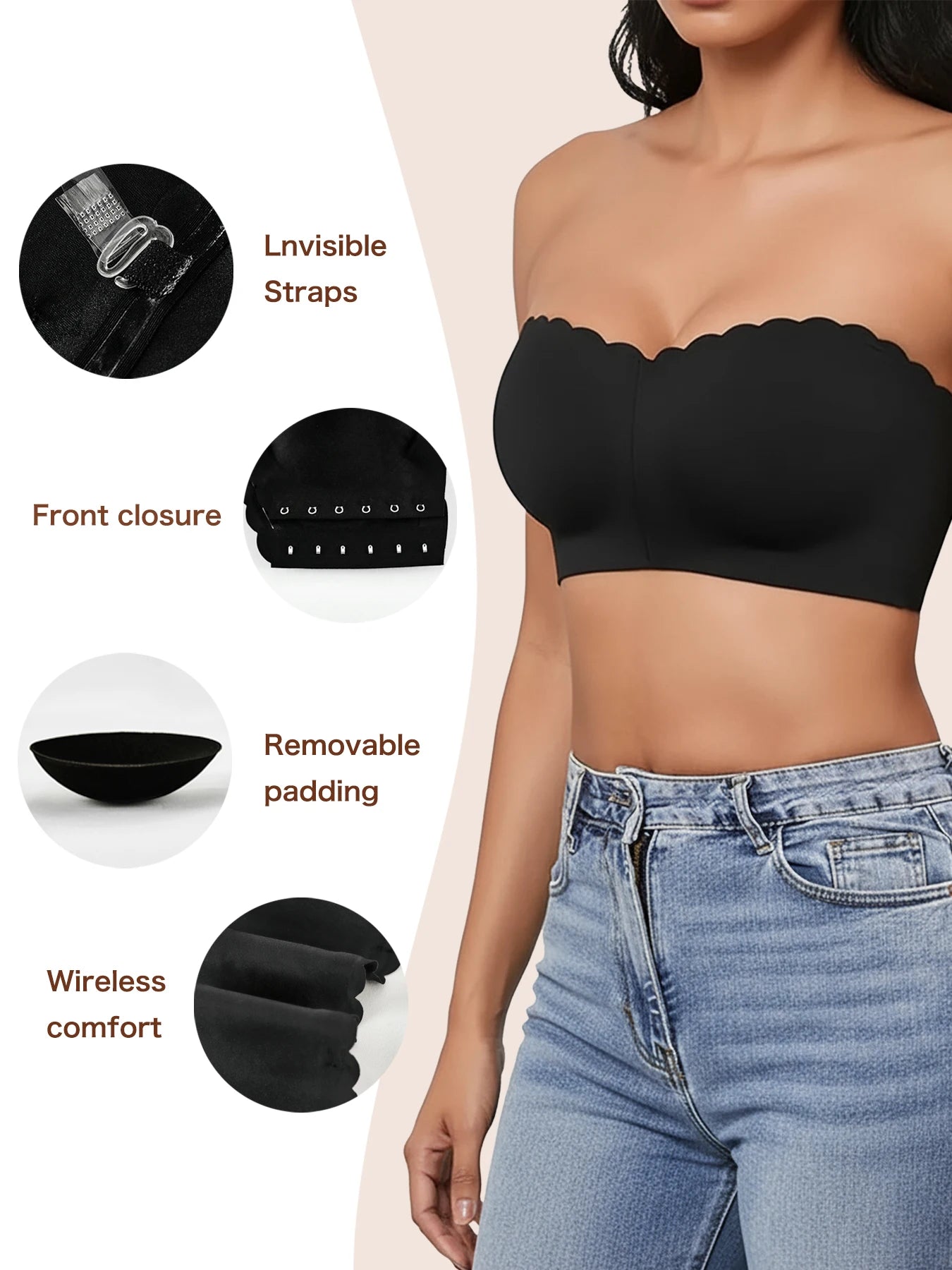 Wireless Strapless,  Bandeau Bra  S-XL(includes clear straps)