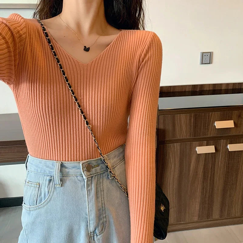 Basic V-neck Solid Knit Sweater