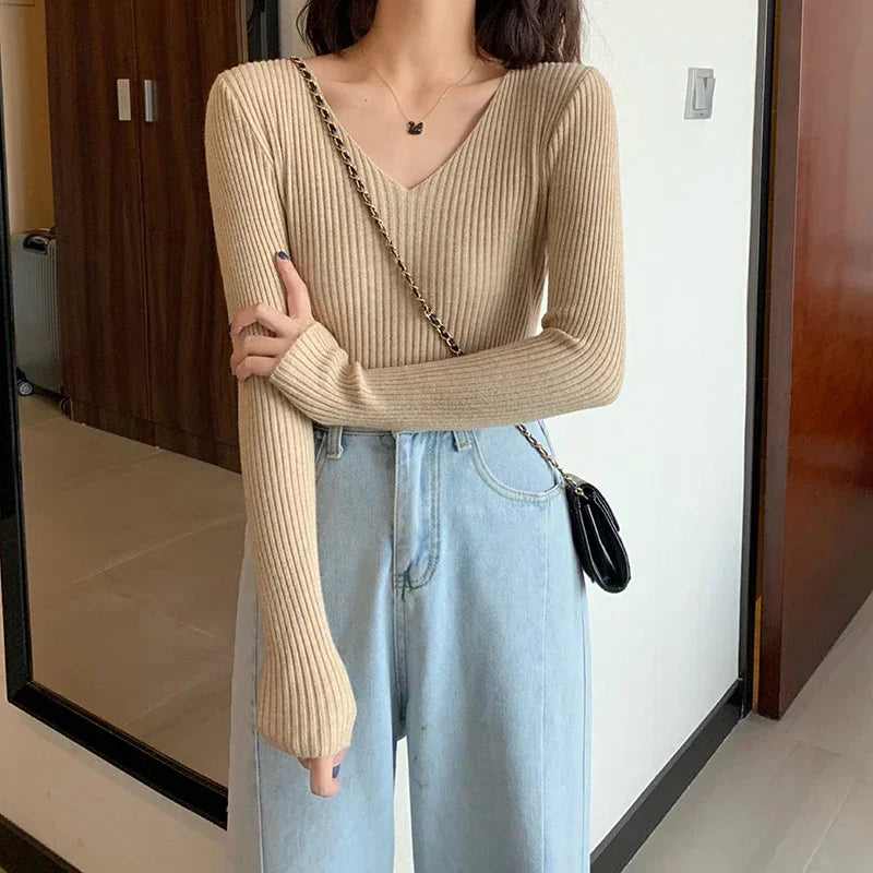 Basic V-neck Solid Knit Sweater