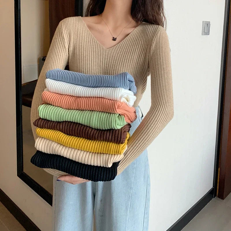 Basic V-neck Solid Knit Sweater