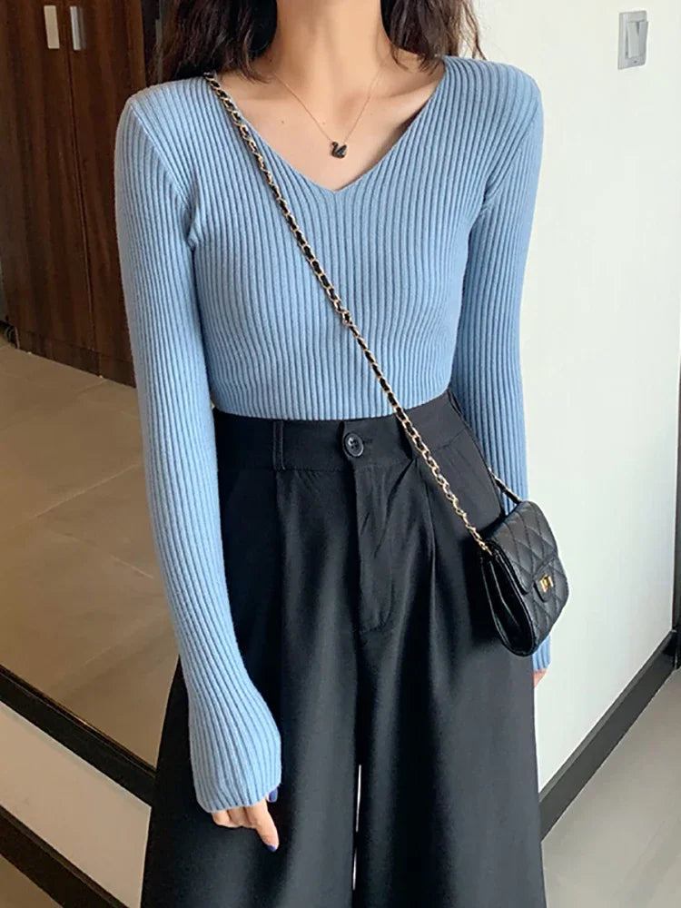 Basic V-neck Solid Knit Sweater