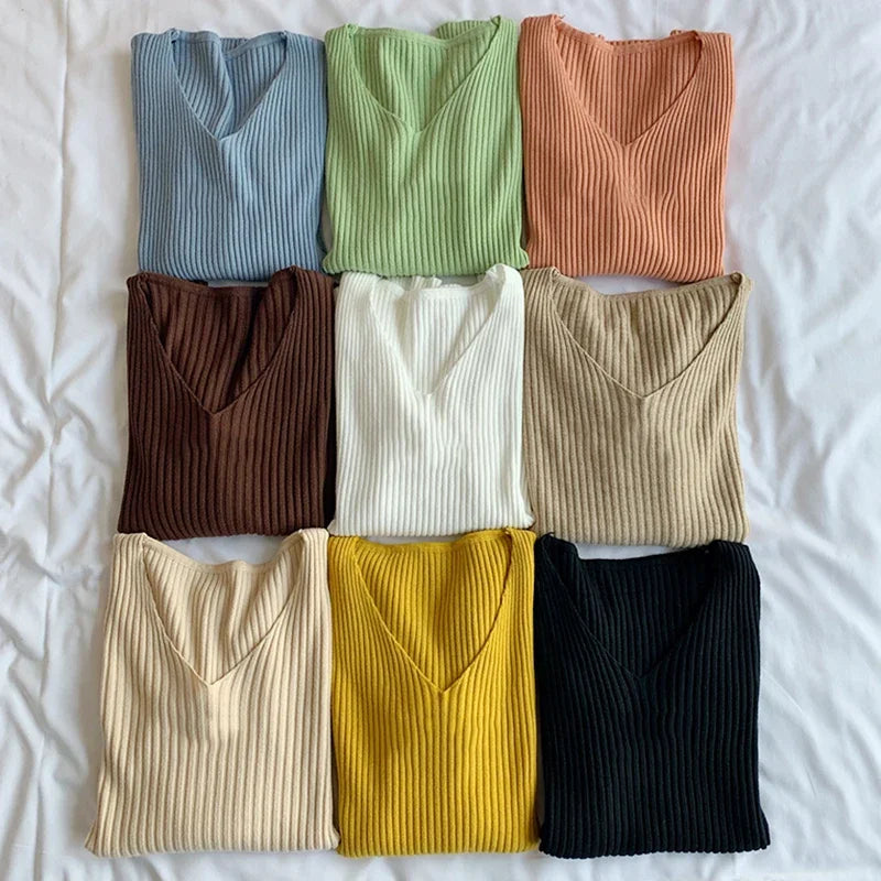 Basic V-neck Solid Knit Sweater