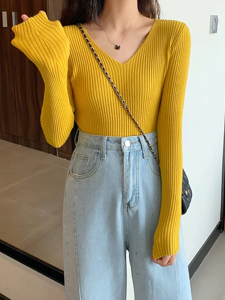 Basic V-neck Solid Knit Sweater