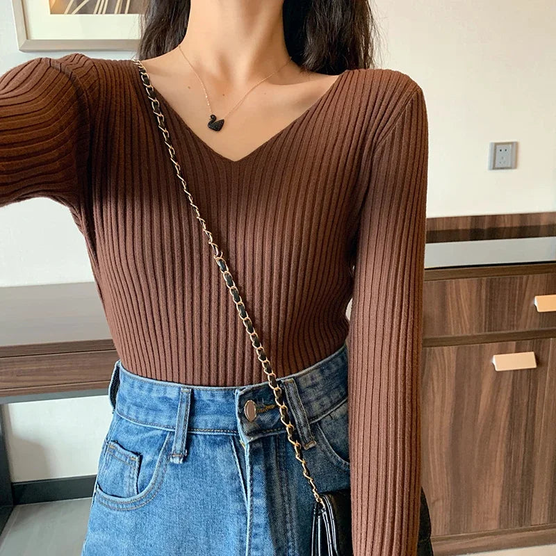 Basic V-neck Solid Knit Sweater