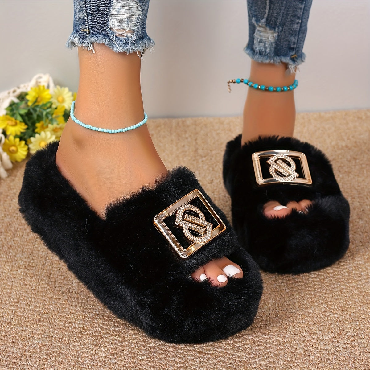 Faux Plush Slippers with Metallic Buckle  & Thick Sole