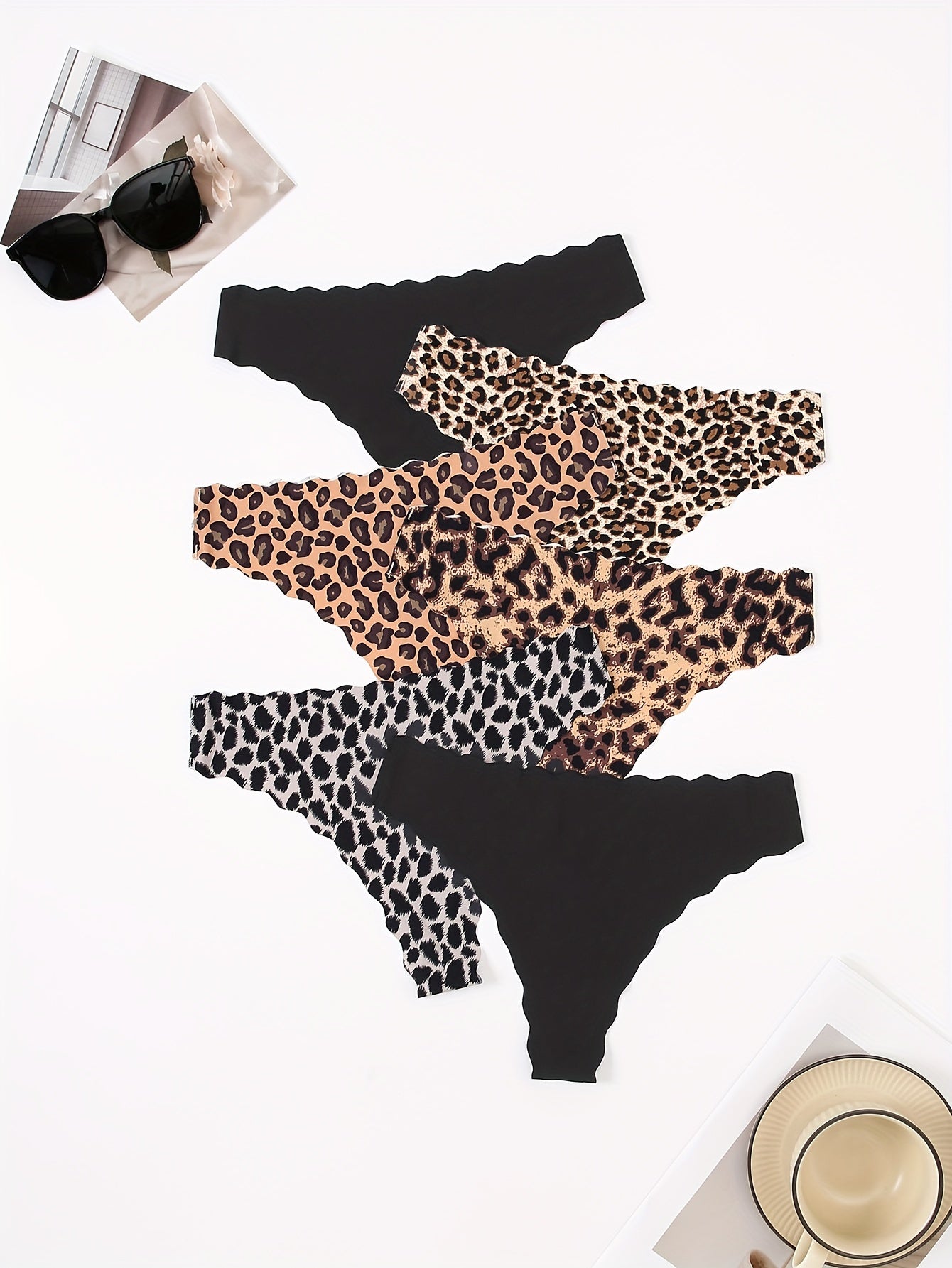 6pcs Scallop Trim Leopard Thongs, Seamless & Stretchy Comfort