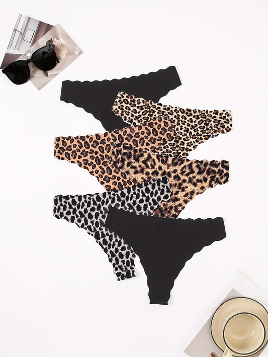 6pcs Scallop Trim Leopard Thongs, Seamless & Stretchy Comfort