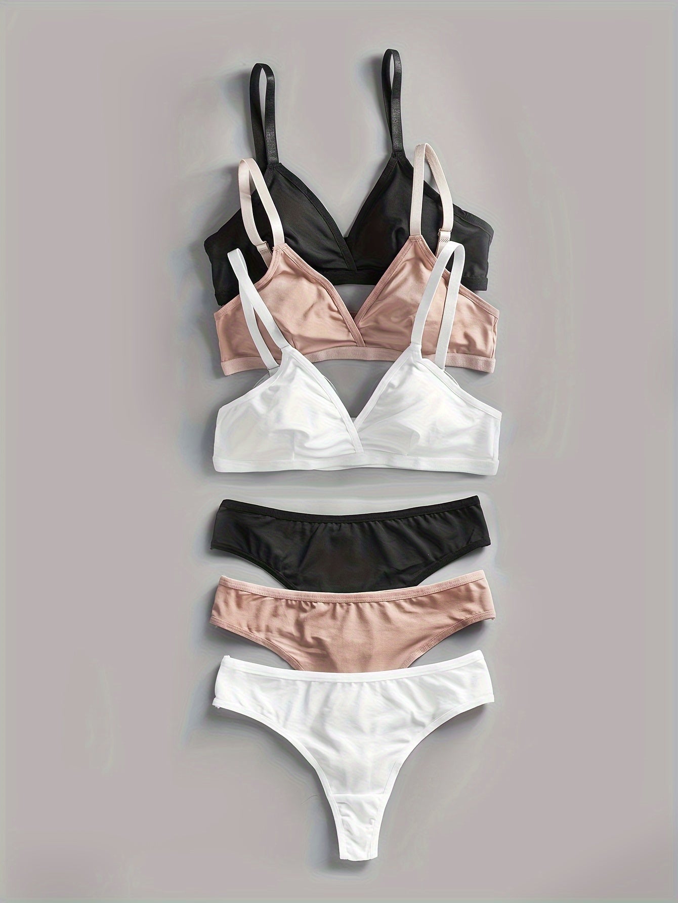 3 Sets Solid Seamless Lingerie Set, Cami Bra & Thongs