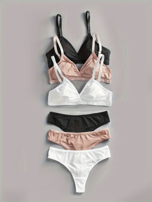 3 Sets Solid Seamless Lingerie Set, Cami Bra & Thongs