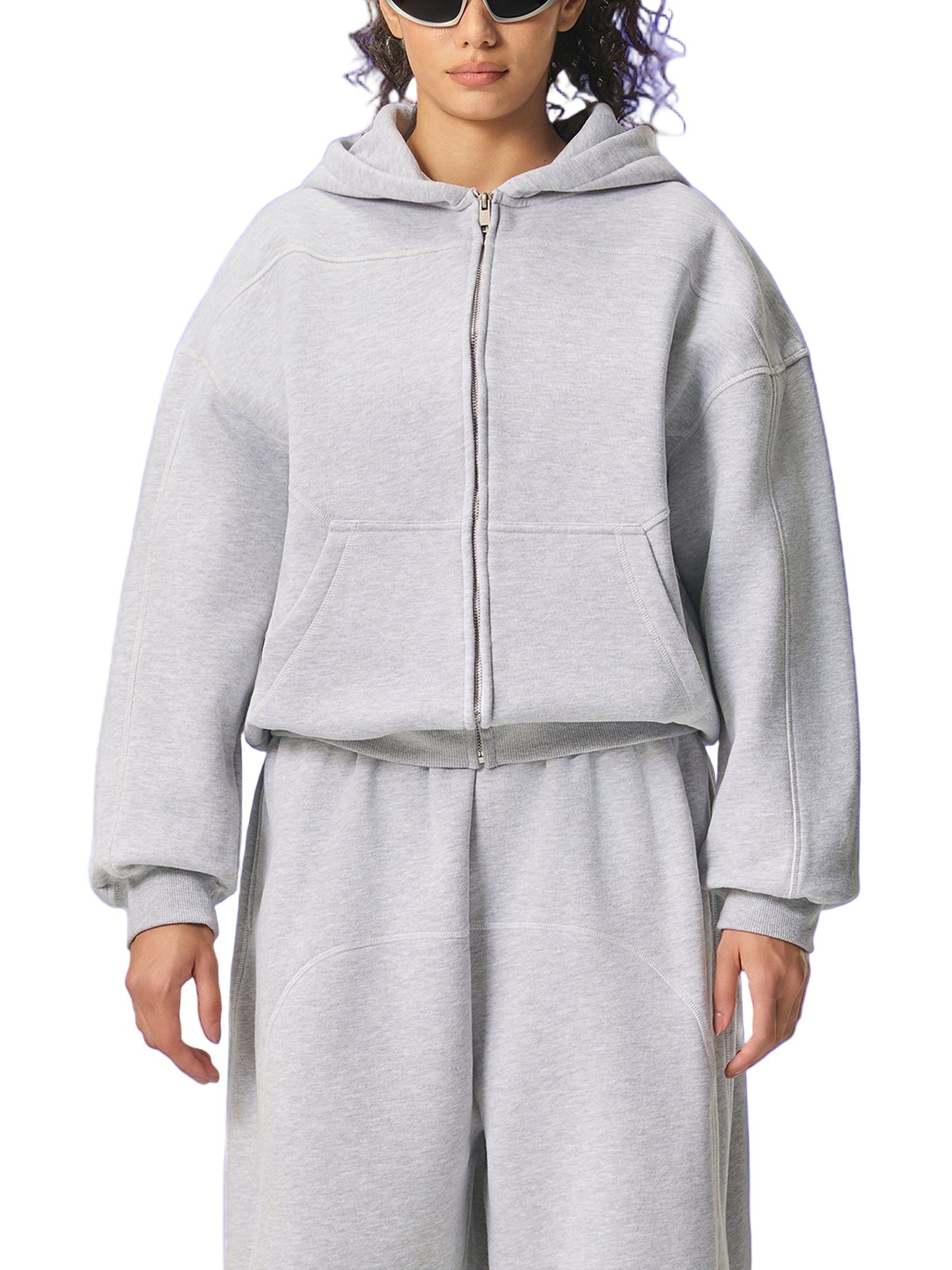 Contrast-Stitched Boxy Fleece Hoodie